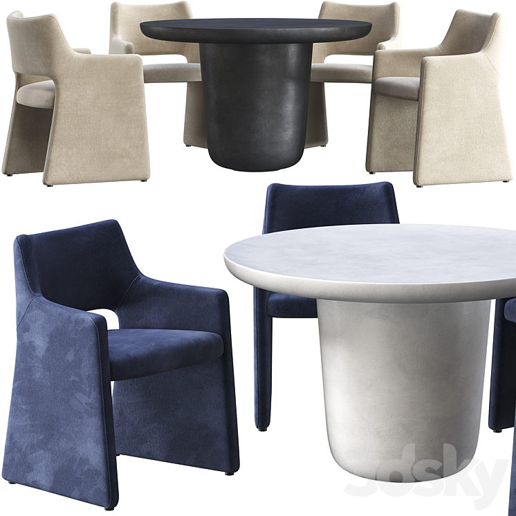 Dining table CB2 Lola and chair CB2 Foley Faux Mohair Navy 3DS Max Model - thumbnail 1