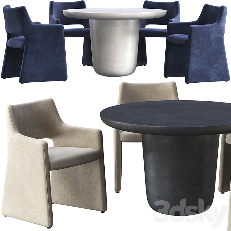 Dining table CB2 Lola and chair CB2 Foley Faux Mohair Navy 3DS Max Model - thumbnail 2