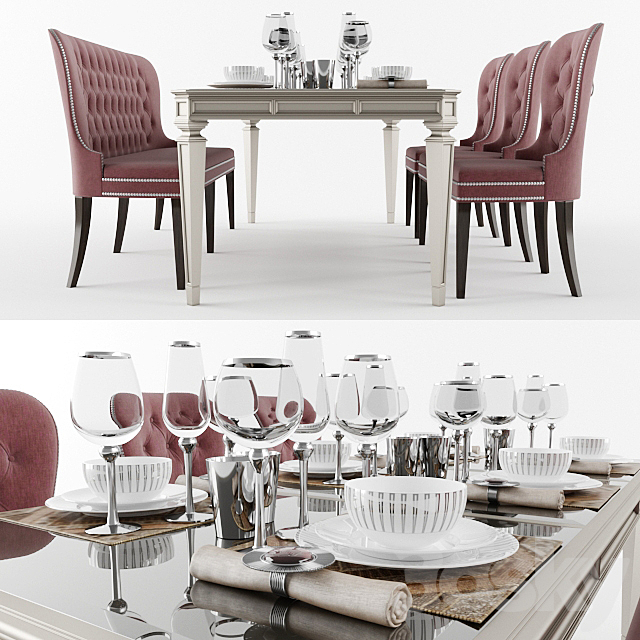 Dining table with with chairs. banquet and dishes 3DSMax File - thumbnail 2