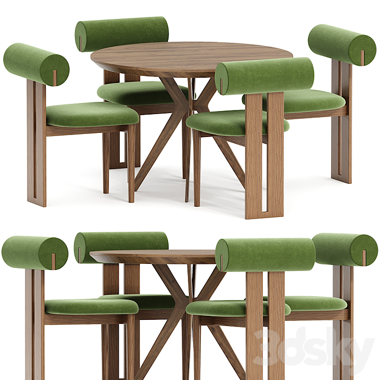 Hippo chair and table walnut 3DS Max Model - thumbnail 1