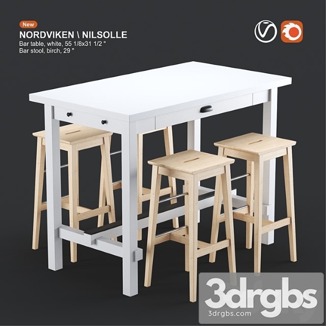 Ikea nordviken bar table and nilsolle bar stool white and birch 2 3dsmax Download - thumbnail 1