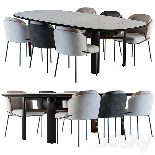 Minotti Dinning – Lou Table and Chair Black and White 3DSMax File - thumbnail 1