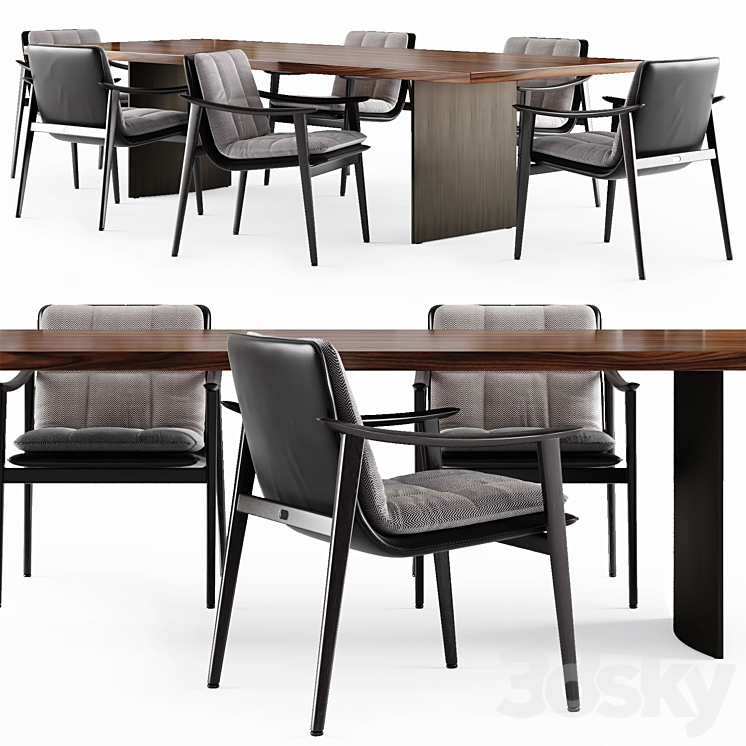 Minotti LINHA table and FYNN SADDLE HIDE Chair 3DS Max Model - thumbnail 1