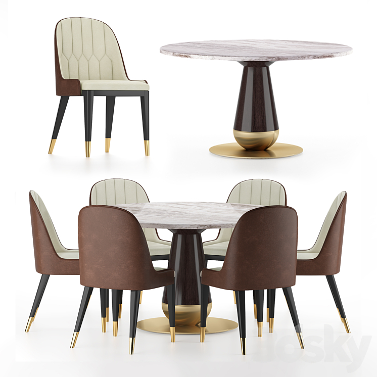 Modern mid century beige leather dining chair & Versace Vasmara Dining Table 3DS Max Model - thumbnail 1