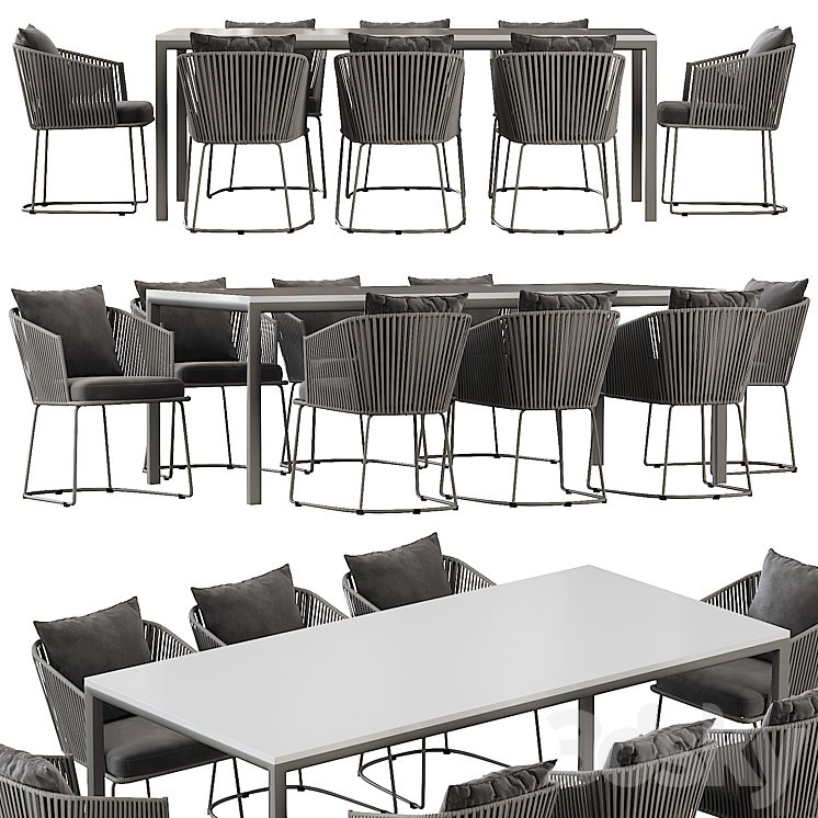 Outdoor Dining Set with Tempered Glass Top Table and Rope Woven Chairs 3DS Max Model - thumbnail 2