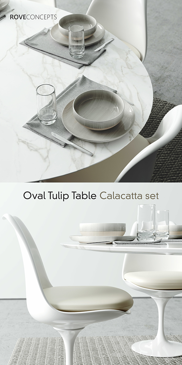 Oval Tulip Table 78″ Calacatta set 3DSMax File - thumbnail 2