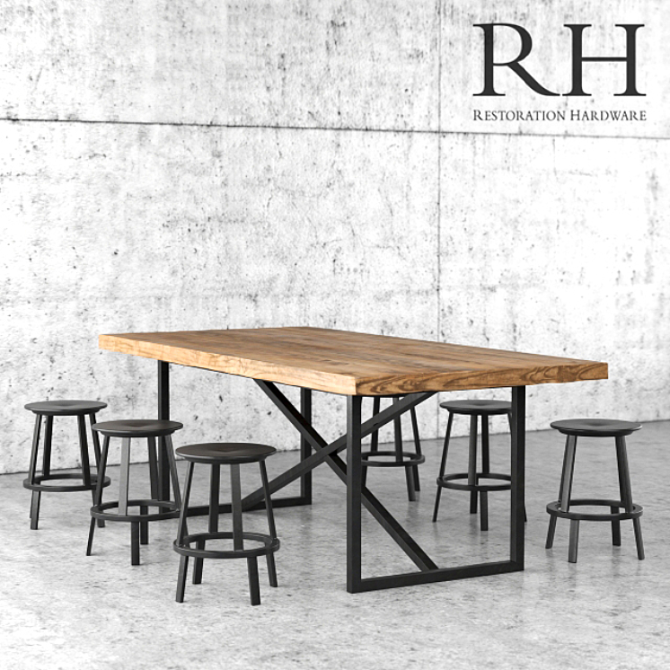 Restoration Hardware dining table and stools 3DS Max - thumbnail 1