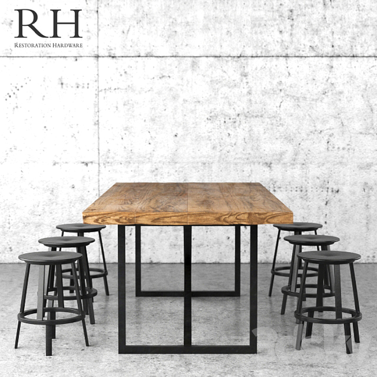 Restoration Hardware dining table and stools 3DS Max - thumbnail 2