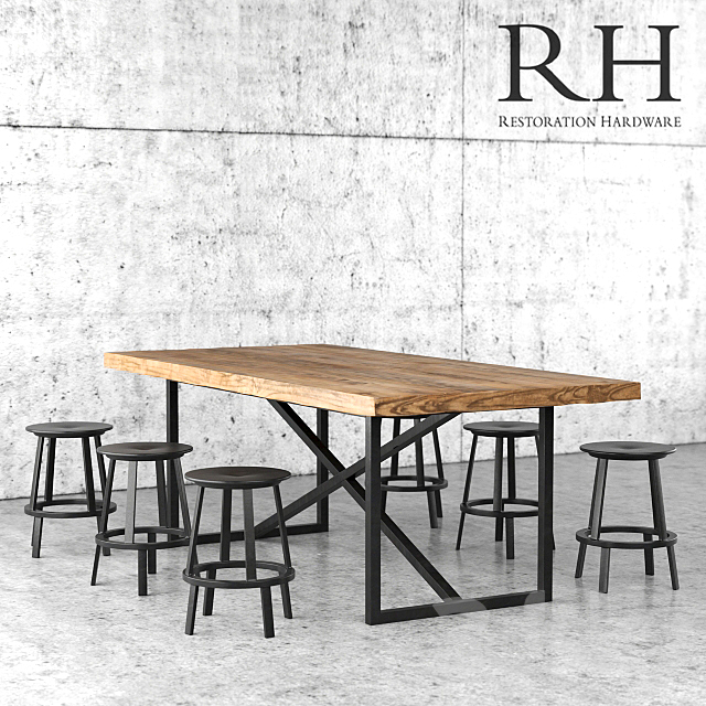 Restoration Hardware dining table and stools 3DS Max Model - thumbnail 1