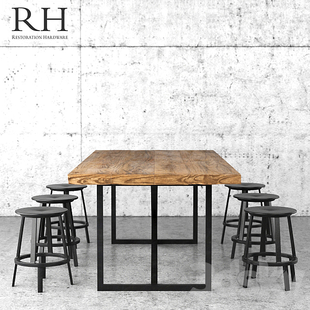 Restoration Hardware dining table and stools 3DS Max Model - thumbnail 2