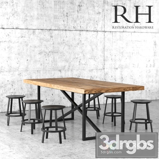 Restoration Hardware Dining Table and Stools 3dsmax Download - thumbnail 1