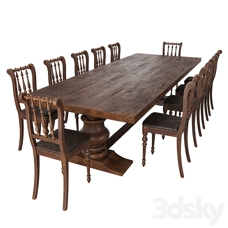 Rustic dining table + chair 3DS Max Model - thumbnail 1