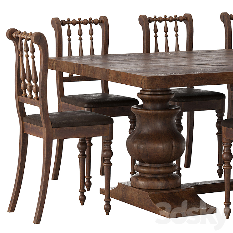 Rustic dining table + chair 3DS Max Model - thumbnail 2