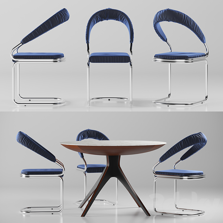 Table and chair with upholstery 3DS Max - thumbnail 1