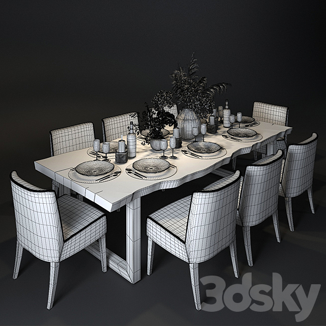 Table with slabs with Pottery Barn chairs and Crate and Barrel 3DS Max Model - thumbnail 3