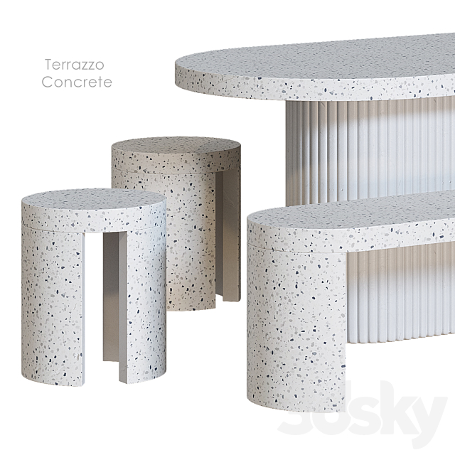 Terrazzo Concrete Table Stool Bench 3DS Max Model - thumbnail 2