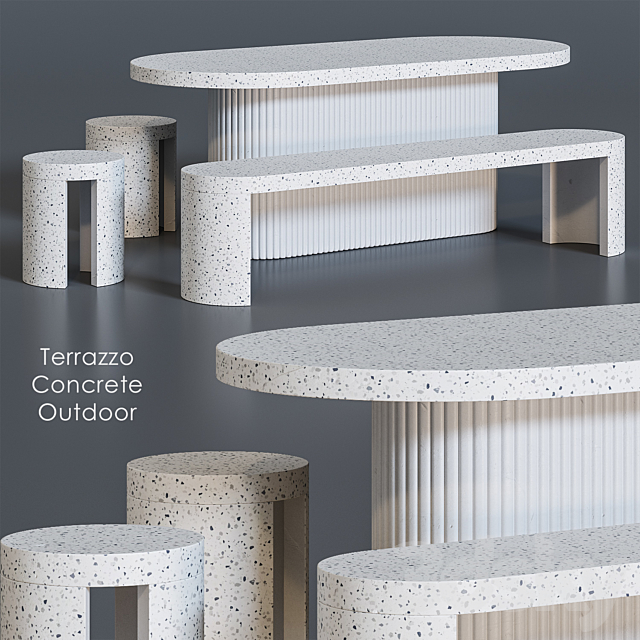 Terrazzo Concrete Table Stool Bench 3DS Max Model - thumbnail 4