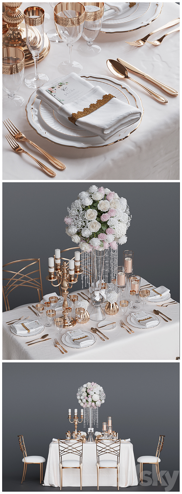 Wedding table for 6 persons 3 Corona 3DS Max Model - thumbnail 2