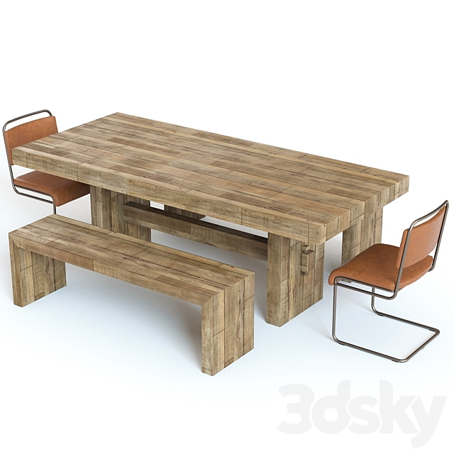 West Elm Emmerson Table and Industrial Chairs 3DS Max Model - thumbnail 2