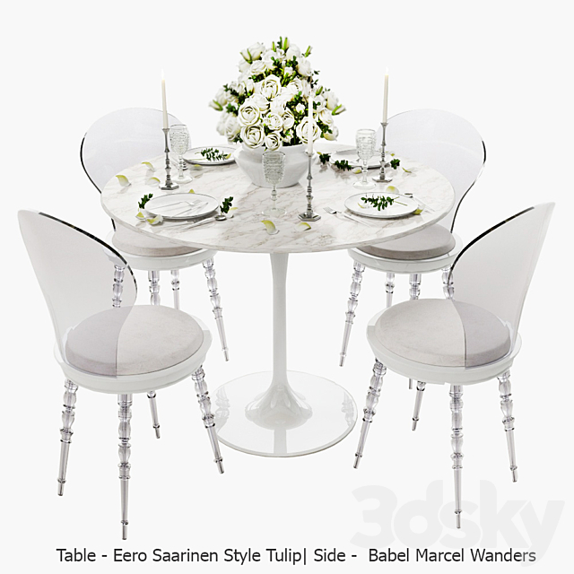 White set _ Babel chair by Marcel Wanders. table Eero Saarinen Style Tulip. serving. 3DSMax File - thumbnail 1