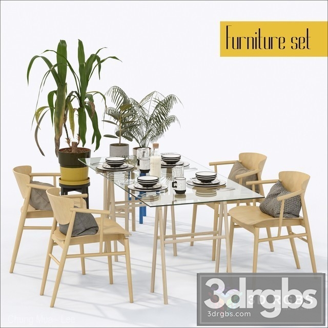 Wood Chair and Glass Table 3dsmax Download - thumbnail 1