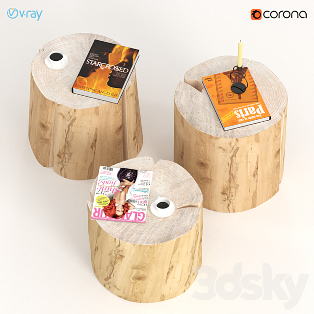 3 coffee tables of stumps with decor. 3DS Max Model - thumbnail 2