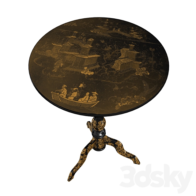 Antique Chippendale Style Black Lacquer MOP & Jade Inlaid Tea Table Chinoiserie Japaned 3ds Max - thumbnail 2