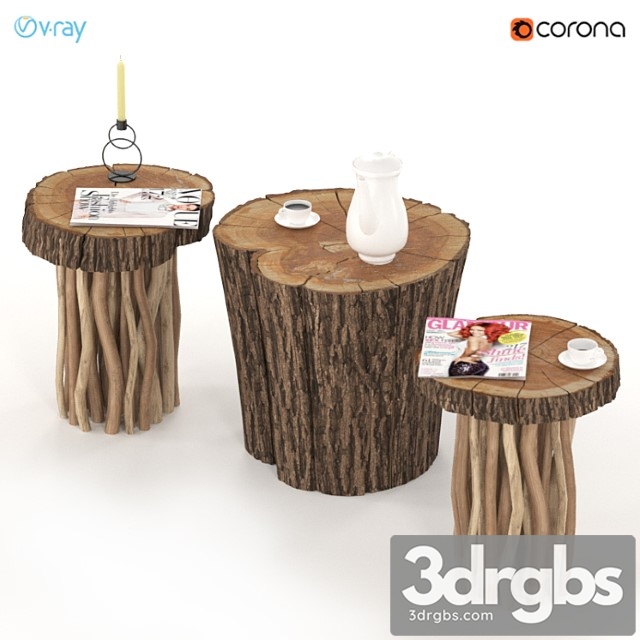 Coffee tables made of stump and slab on wooden legs. 2 3dsmax Download - thumbnail 1