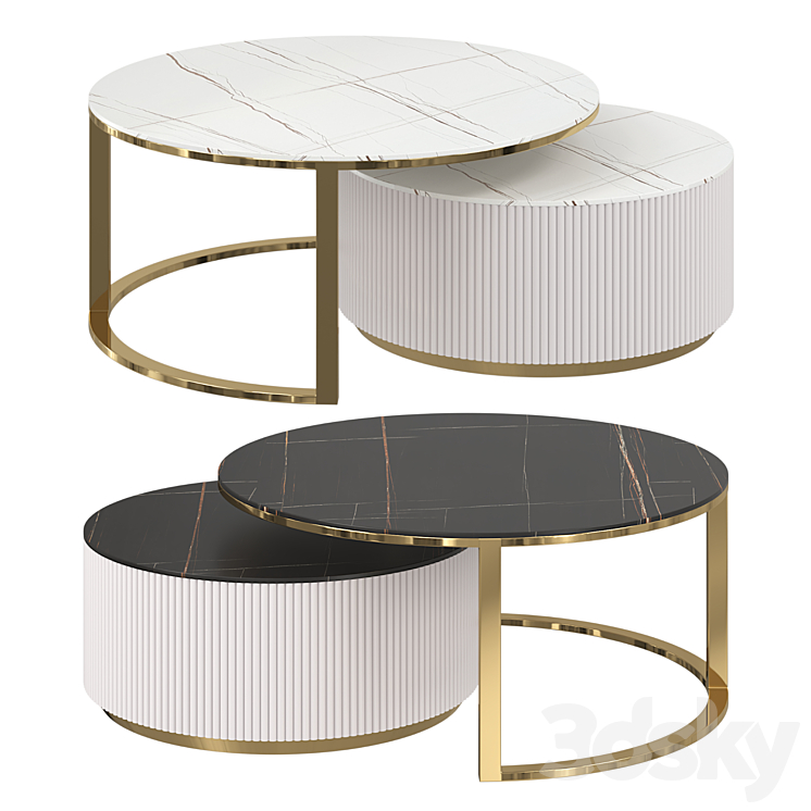 Round modern coffee table with fluted stone top and drawer white with gold 3DS Max Model - thumbnail 1