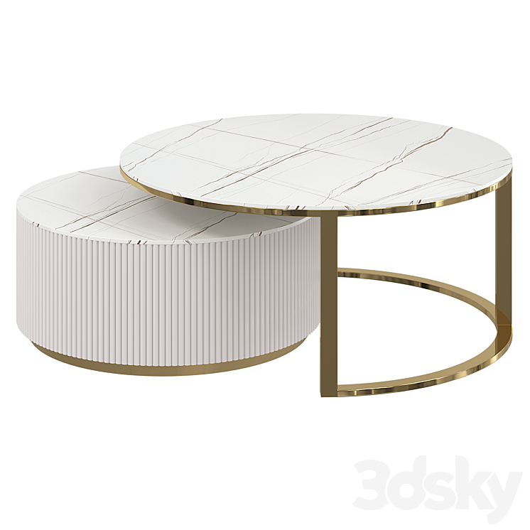 Round modern coffee table with fluted stone top and drawer white with gold 3DS Max Model - thumbnail 2