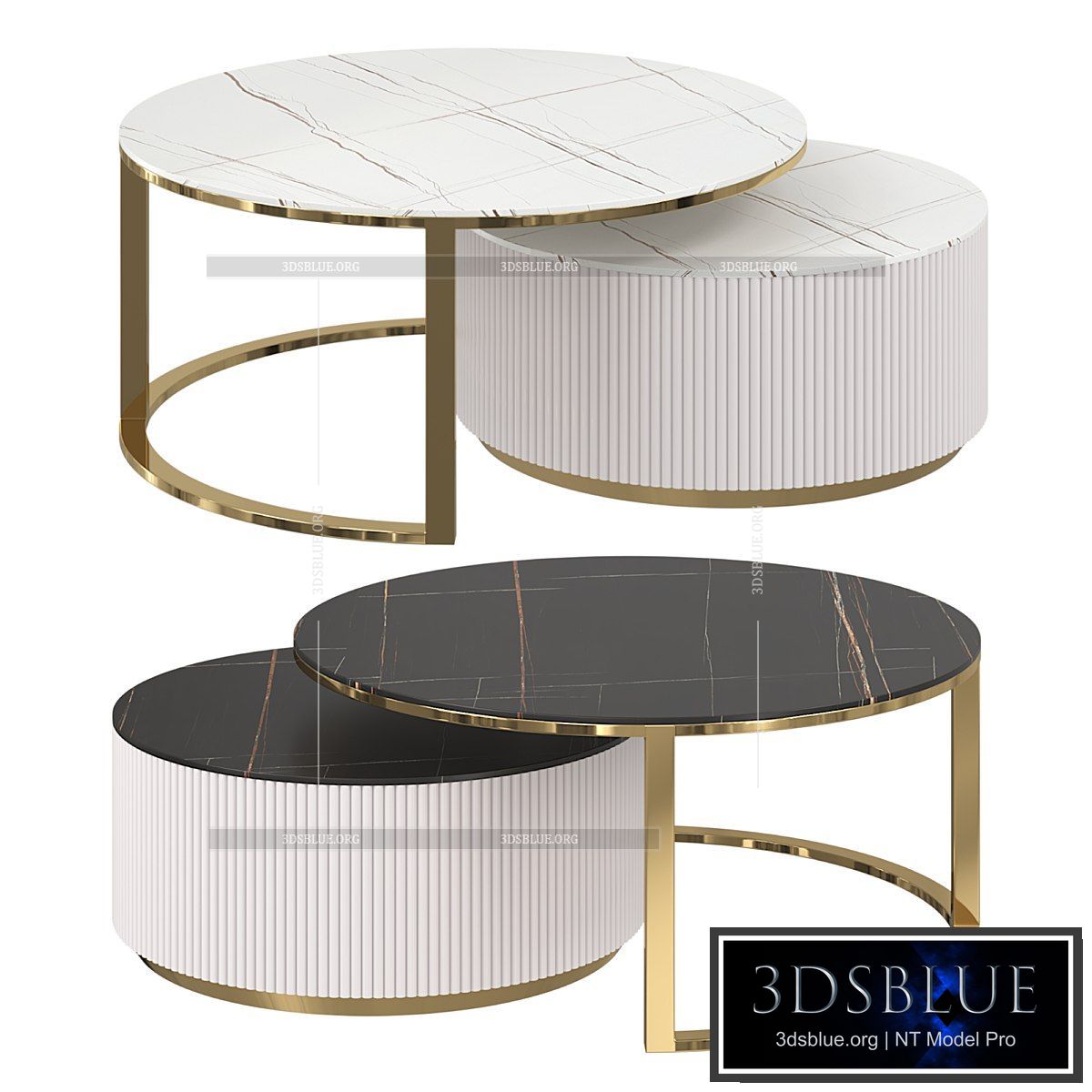 Round modern coffee table with fluted stone top and drawer white with gold 3DS Max - thumbnail 3