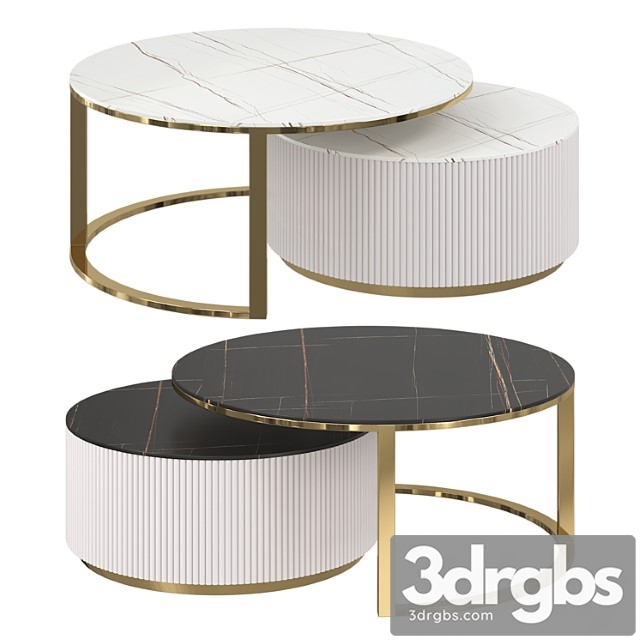 Round modern coffee table with fluted stone top and drawer, white with gold - thumbnail 1