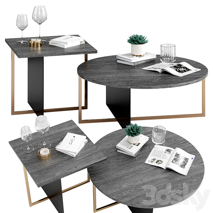 West Elm Korsa Oak + Copper Coffee & Side Table 3DS Max - thumbnail 1