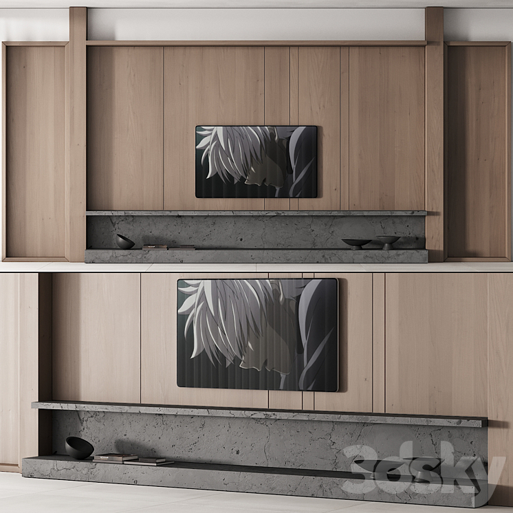 149 tv wall kit 01 modern japandi oak wood 01 3DS Max Model - thumbnail 3