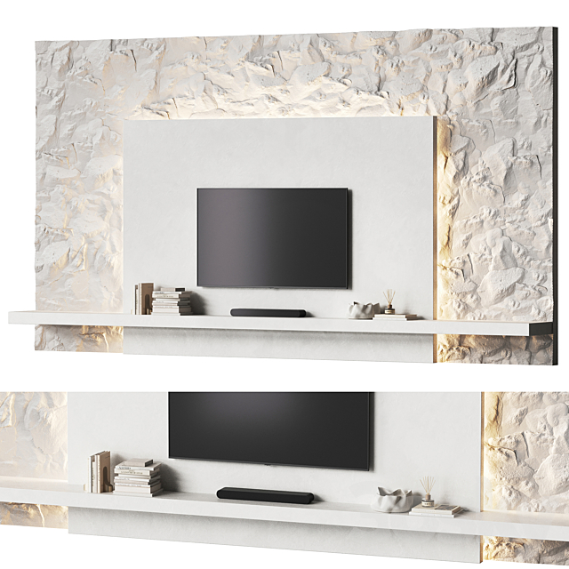 Minimalistic TV wall with a stone surface 3ds Max - thumbnail 1