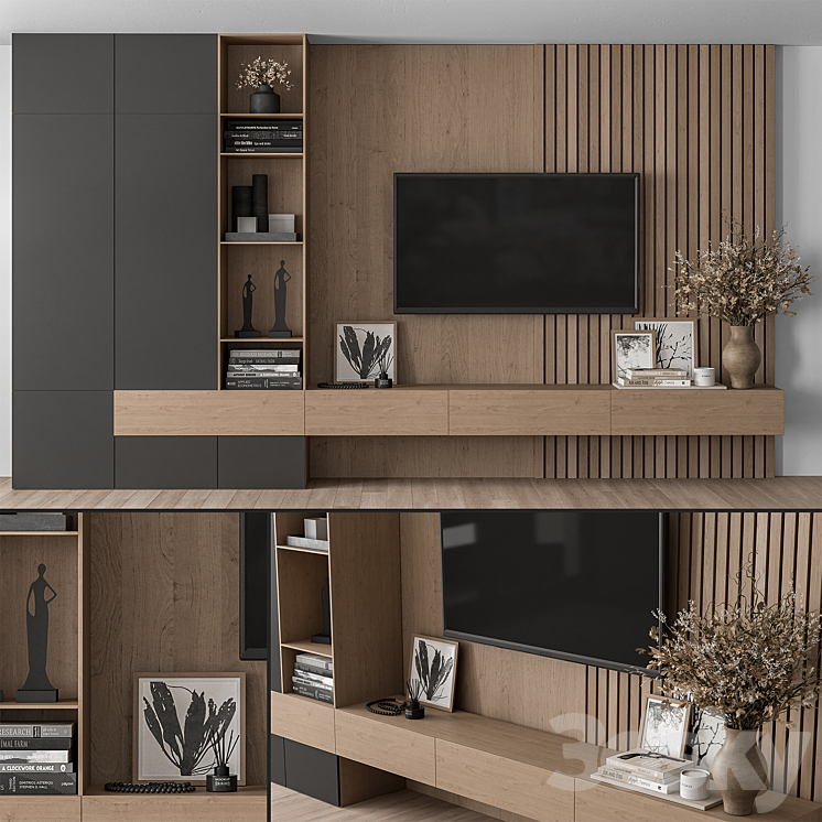 TV Wall Black and Wood – Set 35 3DS Max Model - thumbnail 1