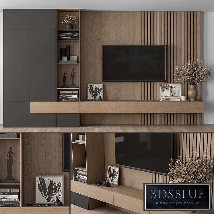 TV Wall Black and Wood – Set 35 3DS Max - thumbnail 3