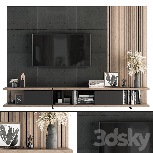 TV Wall Black Concrete and Wood – Set 10 3DSMax File - thumbnail 1