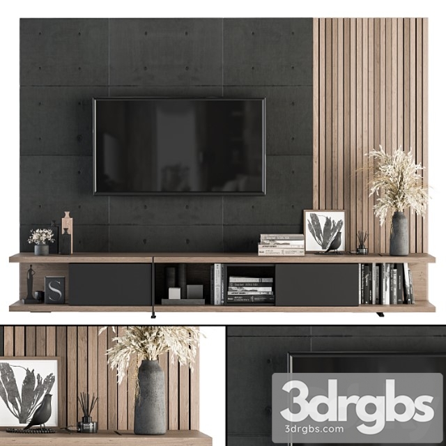 Tv wall black concrete and wood – set 10 - thumbnail 1