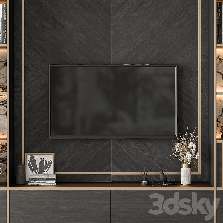 TV Wall Black Wood with Stone Slab – Set 32 3DS Max Model - thumbnail 2