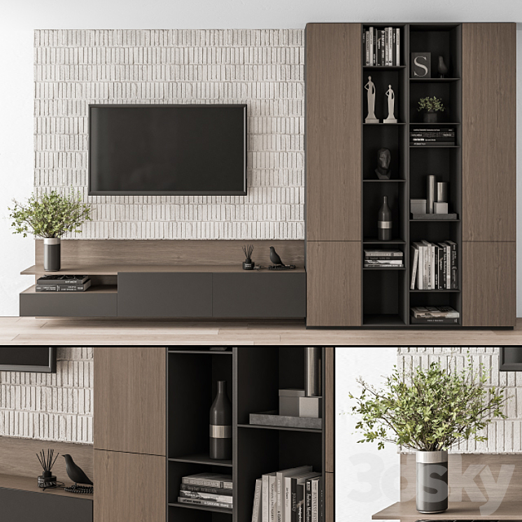 TV Wall Concrete and Wood – Set 22 3DS Max Model - thumbnail 1