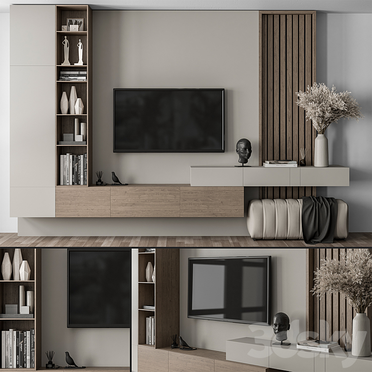 TV Wall Gray and Wood with Hallway Cabinet – Set 37 3DS Max Model - thumbnail 3