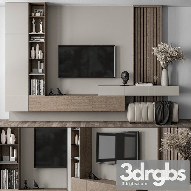 TV Wall Gray and Wood With Hallway Cabinet Set 37 3dsmax Download - thumbnail 1