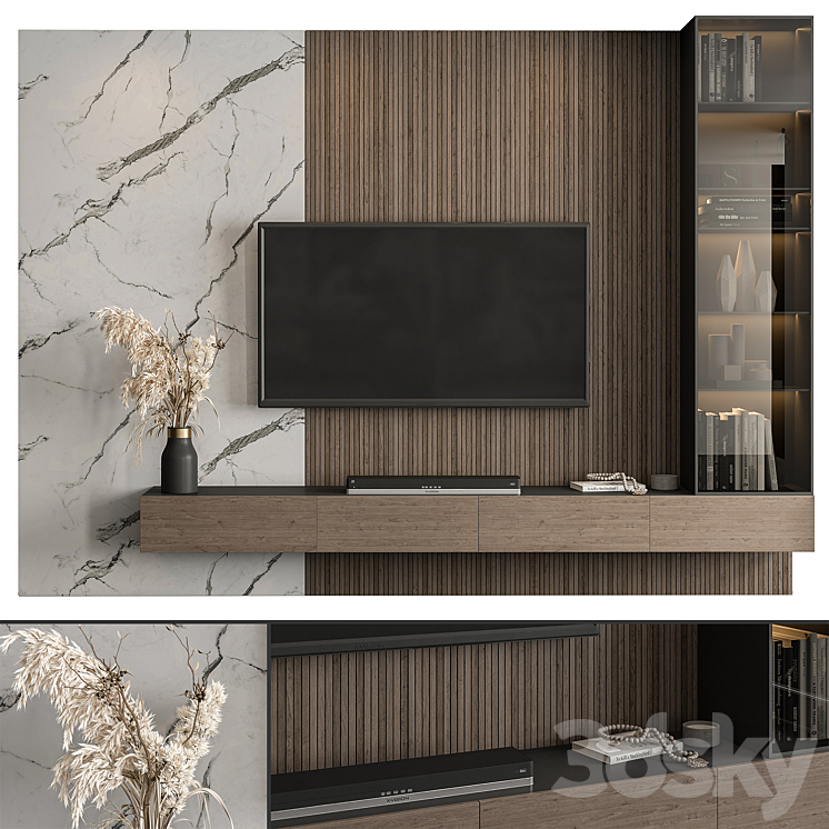 TV Wall Marble Wall and Wood – Set 41 3DS Max - thumbnail 1