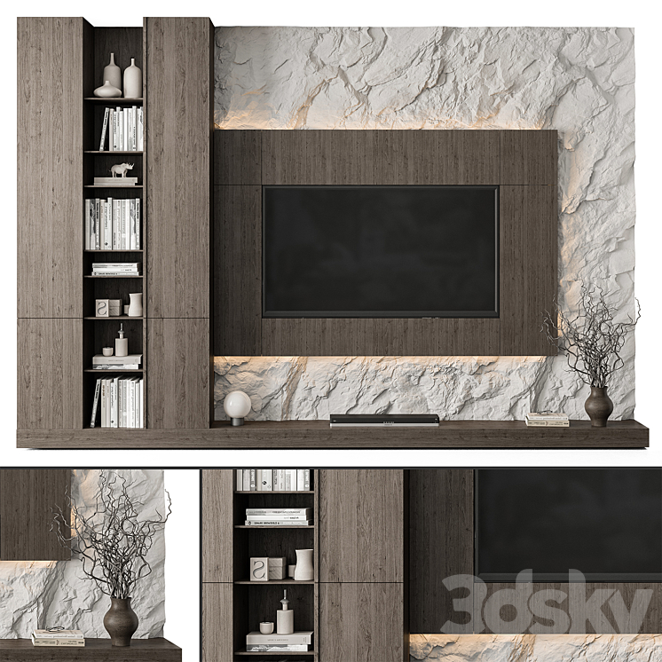 TV Wall Rock Wall and Wood – Set 78 3DS Max Model - thumbnail 1