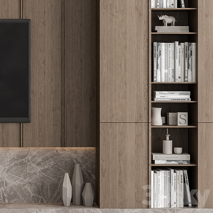 TV Wall Stone and Wood – Set 53 3DS Max Model - thumbnail 2