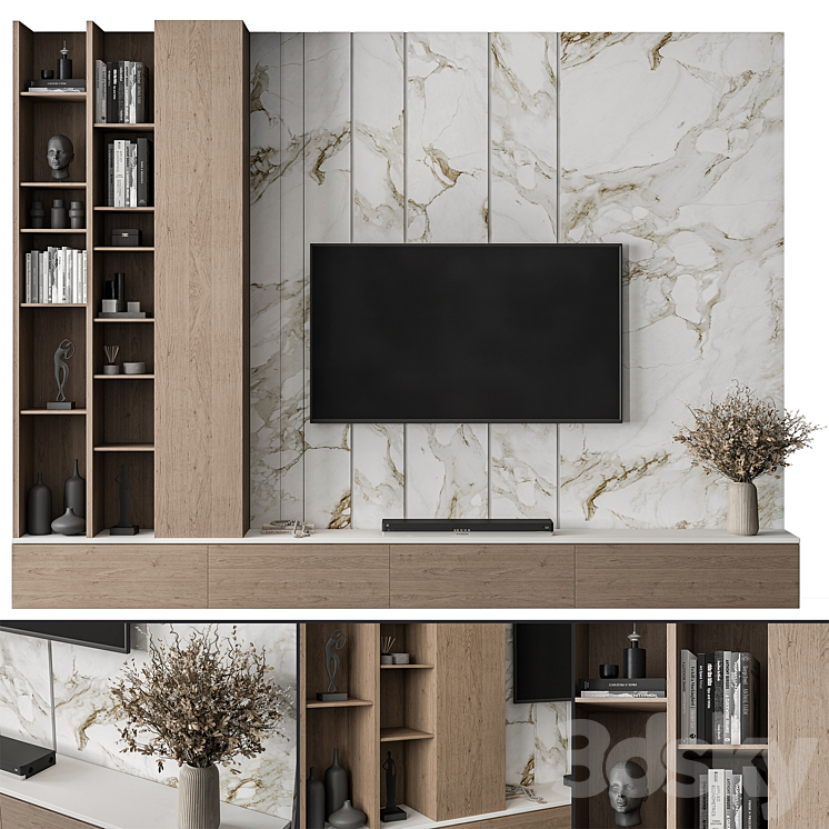 TV Wall Stone and Wood – Set 86 3DS Max Model - thumbnail 1