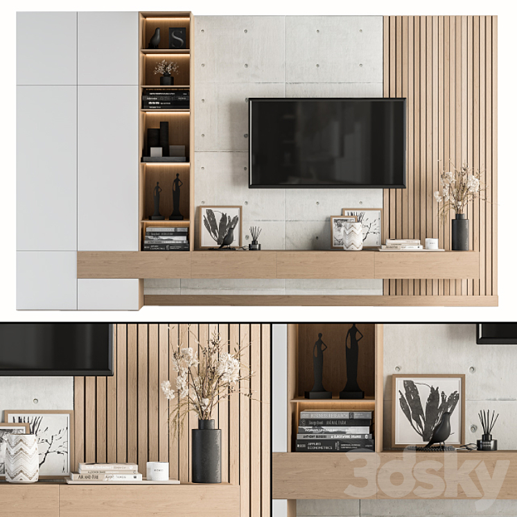 TV Wall White and Wood – Set 08 3DS Max - thumbnail 1