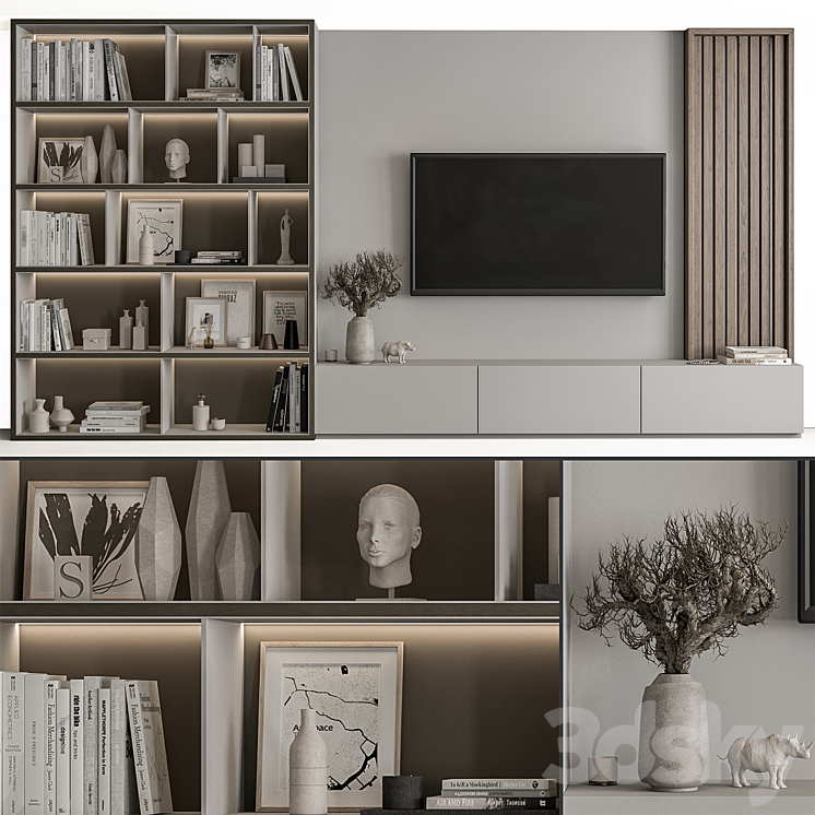 TV Wall Wood and Gray – Set 48 3DS Max Model - thumbnail 1