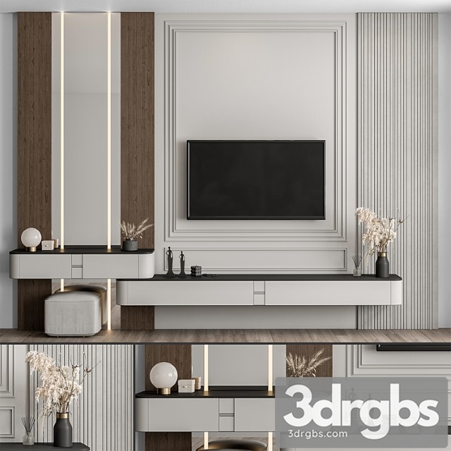 TV Wall Wood And Plaster Set 60 3dsmax Download - thumbnail 1